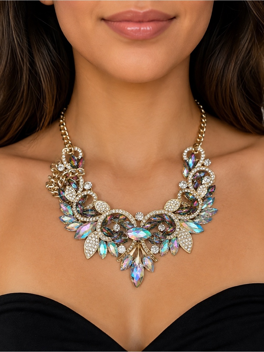 Gold Crystal Statement Necklace - Iridescent Multi-Color